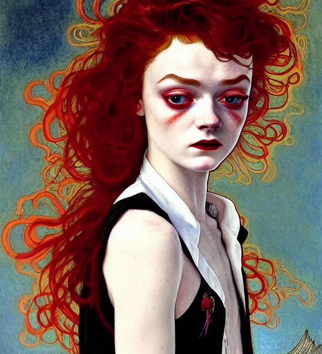 Image similar to sadie sink stunning portrait of highly details androgynous ruby rose as desire from sandman, rockabilly style, white suit and black tie,, by egon shiele and alphonse mucha, with influence of jeremy mann, peter lindbergh, dave mckean, maurice sapiro, and frank moth, soft lightning, highly detailed, 8 k