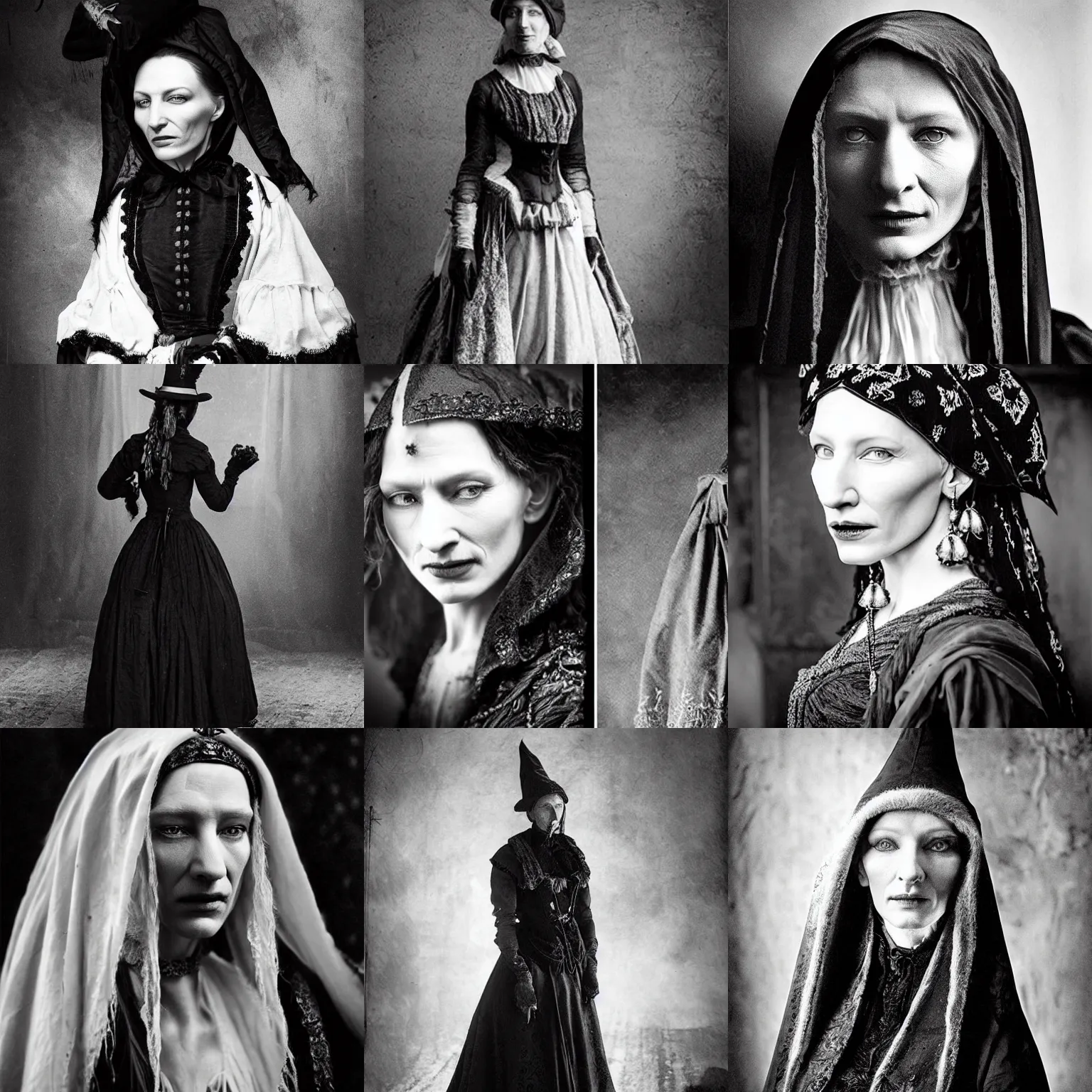 Prompt: humpbacked, 19th century hungarian witch looks similar to Cate Blanchett, dressed in a black, cinematic lighting, highly detailed, black-and-white, realistic, antique photography