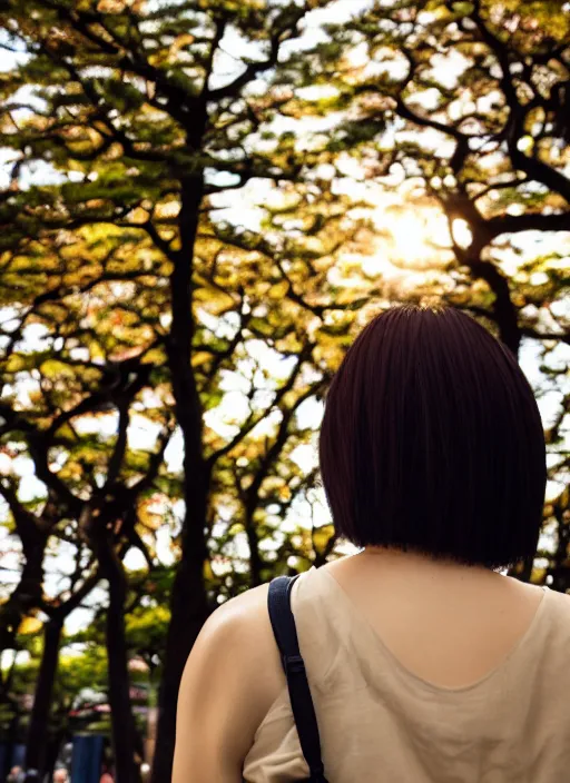 Image similar to symmetry!! a 2 8 mm macro photo from the back of a woman in tokyo, seen from a distance, splash art, movie still, bokeh, canon 5 0 mm, cinematic lighting, dramatic, film, photography, golden hour, depth of field, award - winning, anamorphic lens flare, 8 k, hyper detailed, 3 5 mm film grain