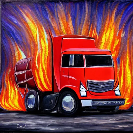 Prompt: painting of a flaming truck