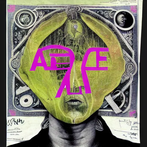 Image similar to post - punk new age album cover, asymmetrical design, dollar bank notes, capitalism, magic, apocalypse, psychedelic, black white pink, magic, giger h. r., giuseppe arcimboldo, peder aalto