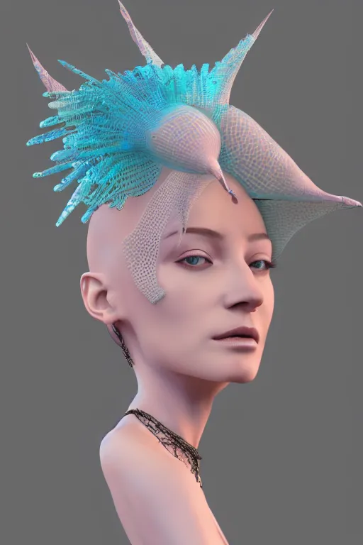 Image similar to epic 3 d sculpture of trans model, mesh headdress, 2 0 mm, with pastel pink and cerulean hextech bursting, perlin noise melting into mogwai, delicate, beautiful, intricate, houdini sidefx, trending on artstation, by jeremy mann and ilya kuvshinov, jamie hewlett and ayami kojima