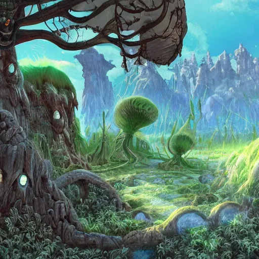 Image similar to An otherwordly, alien landscape with strange plants and creatures.