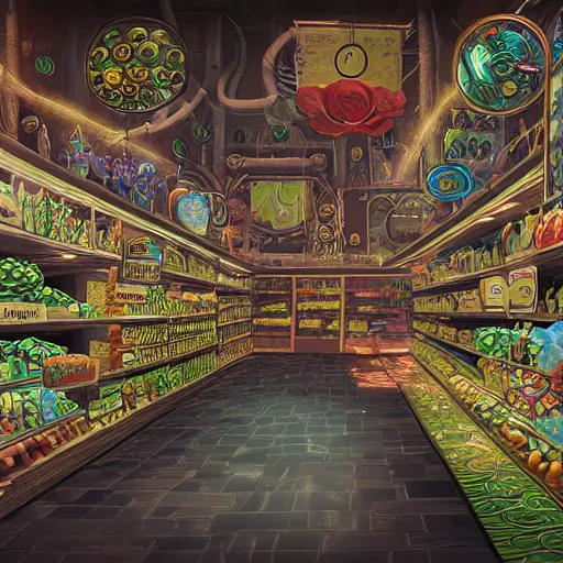 Prompt: fantasycore, eldritch, psychic, elemental masterpiece 8k resolution Behance HD scrollwork magic conduits zBrush Central contest winner, cel-shaded cyberpunk necromancer's grocery store pastiche by Peter Morhbacher