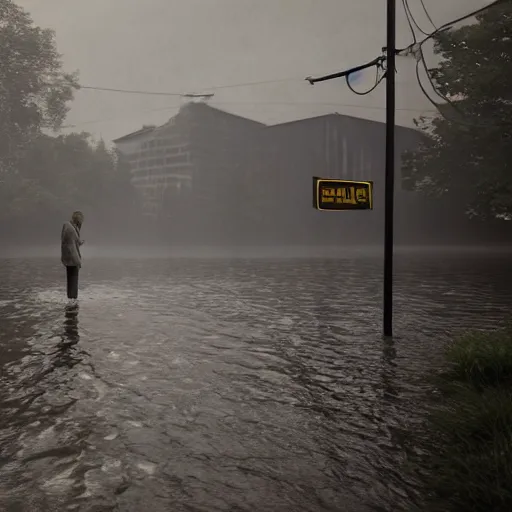 Prompt: realistic extremely detailed photo real portrait of a flood, dusk, elegant, moody muted colors, gregory crewdson, leibovitz, octane render, 4 k