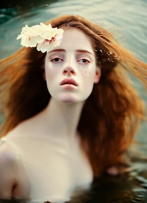 Image similar to Kodak Portra 400, 8K, soft light, volumetric lighting, highly detailed, britt marling style 3/4, portrait photography of a beautiful woman how pre-Raphaelites, half face in the water, nose eyes and mouth out of the water ,a beautiful lace dress and hair are intricate with highly detailed realistic beautiful flowers , Realistic, Refined, Highly Detailed, natural outdoor soft pastel lighting colors scheme, outdoor fine art photography, Hyper realistic, photo realistic