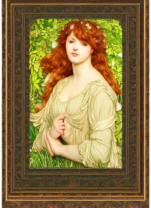 Prompt: masterpiece beautiful seductive flowing curves preraphaelite face portrait amongst leaves, extreme close up shot, straight bangs, thick set features, yellow ochre ornate medieval dress, laying amongst foliage mushroom forest circle arch, frederic leighton and kilian eng and rosetti and preraphaelites, william morris, framed, 4 k
