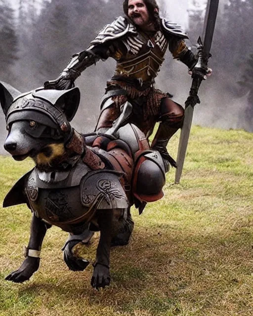 Image similar to photos of dark elves riding armored corgi dogs into battle, photorealistic, cinematic, in the style of peter jackson