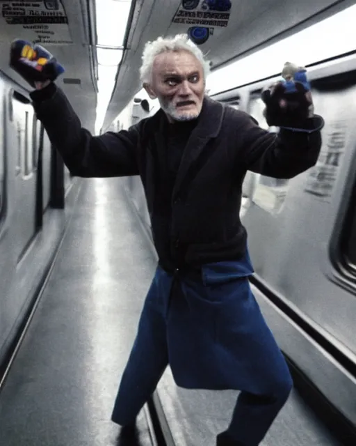 Prompt: movie villain, actor david patrick kelly practicing with his brightly glowing nunchucks while riding a subway train, movie dreamscape