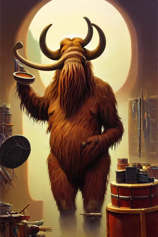 Prompt: classic oil painting, an anthropomorphic bipedal mammoth that is holding a palette, as a dnd character, inside a cluttered art studio, with two tusks, cottagecore, highly detailed, digital illustration, concept art, smooth, sharp focus, art by greg hildebrandt, and tim hildebrandt