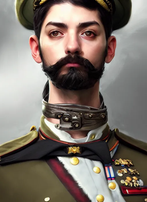 Image similar to portrait of stoic looking miniature schnauzer, military uniform, black fir, white eyebrows, fantasy, intricate, elegant, highly detailed, centered, dark, smokey, digital painting, artstation, concept art, smooth, sharp focus, illustration, art by artgerm and greg rutkowski and alphonse mucha