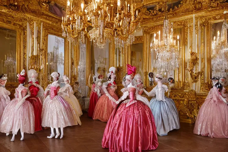 Image similar to in the versailles hall of mirrors, queen marie - antoinette dances in the foreground with her ladies - in - waiting at a masked ball. all high ladies are dressed in colourful, opulent robes embroidered with glittering sequins. the hall of mirrors features ornate crystal chandeliers with glowing candles and golden ornaments. photorealism red velvet curtains on the windows with night lights outside