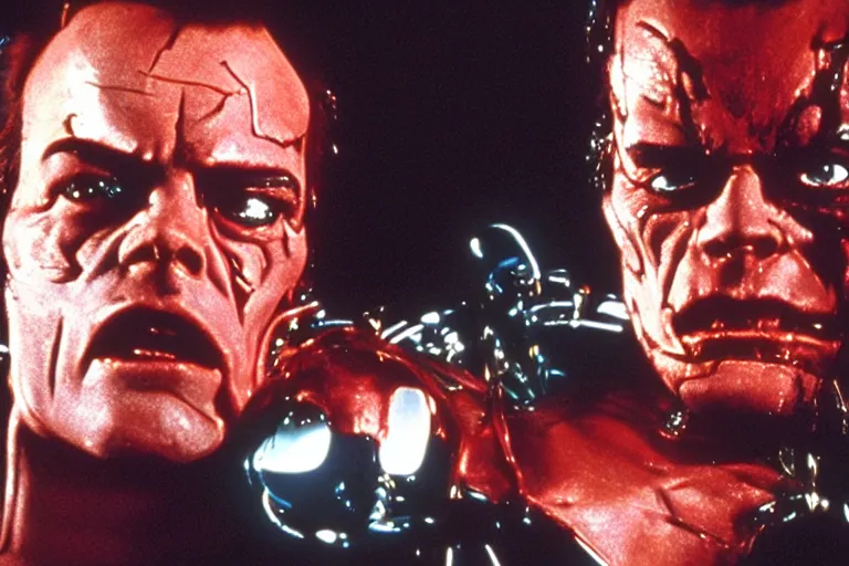 Prompt: Jack Nicholson plays Terminator, his one yes glow red, scene where his endoskeleton gets exposed, still from the film