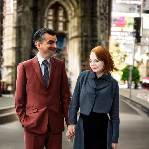 Image similar to Mr Bean dating Emma Stone, TMZ, XF IQ4, f/1.4, ISO 200, 1/160s, 8K, Sense of Depth, color and contrast corrected, Nvidia AI, Dolby Vision, symmetrical balance, in-frame