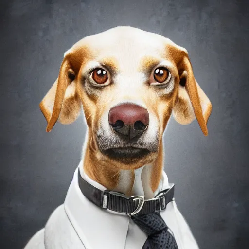 Prompt: portrait of a business dog, super detailed, hyper realism, sharp focus, stylized, boxart, octane, medium shot