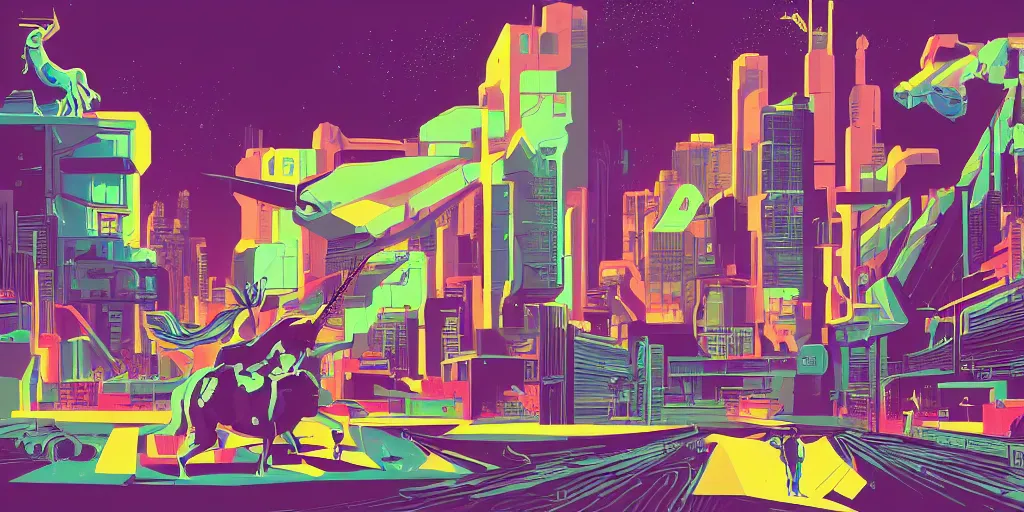 Prompt: unicorn in a futuristic cyberpunk town. By Tom Whalen, highly detailed
