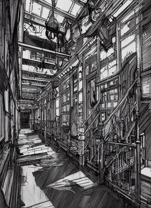 Prompt: interior of a haunted school corridor with ghots, art style by kim jung gi, au naturel, hyper detailed, digital art, trending in artstation, behance, deviantart