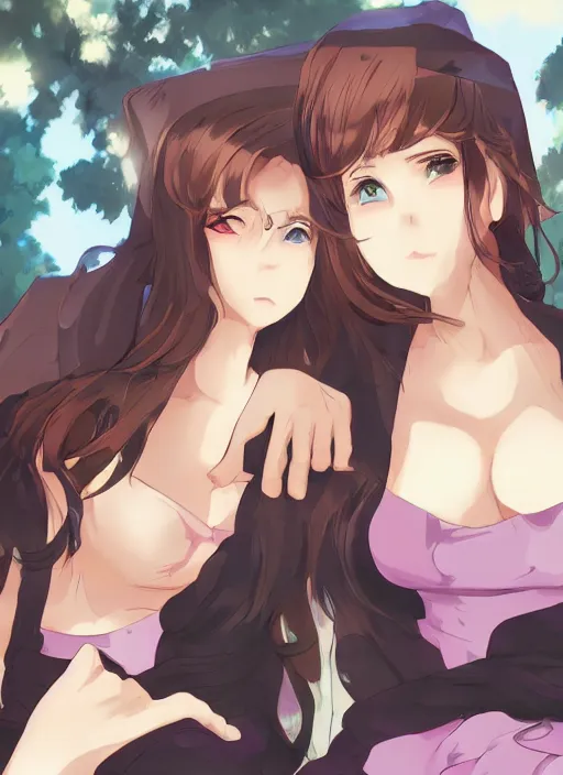 Image similar to two beautiful mothers outside on a hot summer evening, gorgeous faces, thick lines, cinematic lighting, detailed anime art