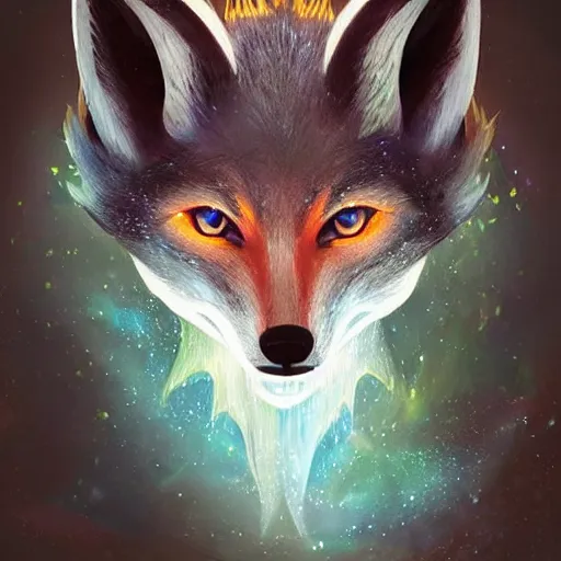 Image similar to a painted avatar portrait of a kitsune fox mage, in the style of dnd beyond avatar portraits, beautiful, artistic, elegant, lens flare, magical, lens flare, nature, realism, stylized