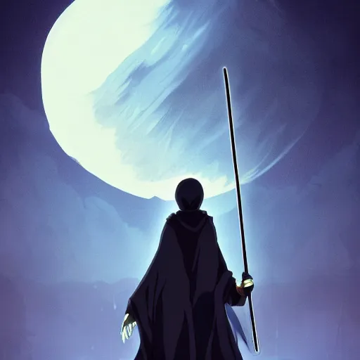 Image similar to 3 d studio ghibli style grim reaper, in beautiful night sky background, anatomical skeleton, in black hood, silver scythe, concept art, beautiful, anime style, octane render, cycles, high definition, night lighting