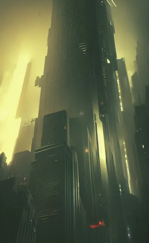 Prompt: low angle of a dark ominous building in a blade runner city, volumetric lighting, epic composition, hyper detailed, ultra realistic, sharp focus, octane render, volumetric, ray tracing, artstation trending, cgsociety, sense of awe, 4 k, by syd mead, artgerm, ross tran, fuji choko