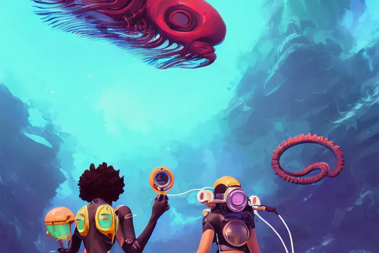 Image similar to afro - futurist scuba divers swimming away from a one - eyes tentacled monster | hyperrealistic digital painting by makoto shinkai, ilya kuvshinov, lois van baarle, rossdraws | afrofuturism in the style of hearthstone and overwatch, trending on artstation