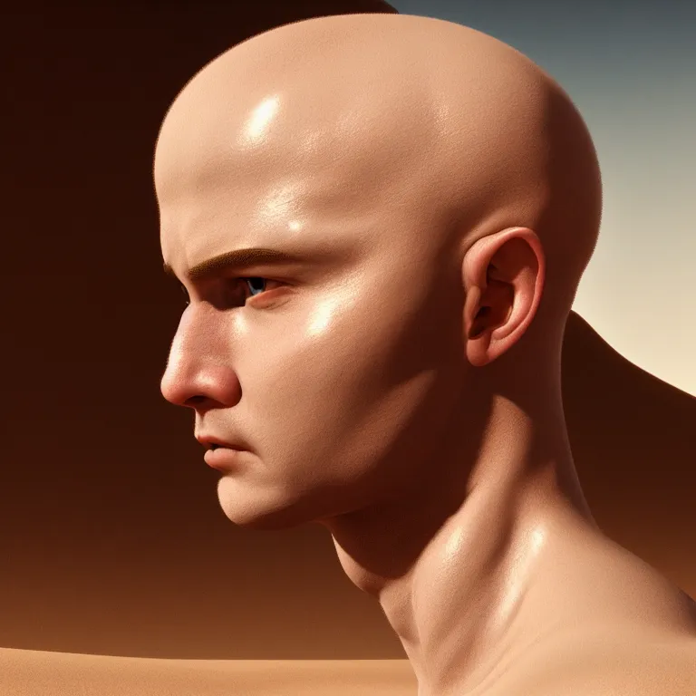Prompt: young bald muscle white man in white desert, dune, baroque portrait painting, beautiful detailed intricate insanely detailed octane render trending on Artstation, 8K artistic photography, photorealistic, chiaroscuro, Raphael, Caravaggio