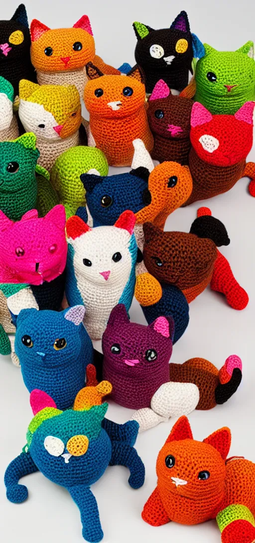 Prompt: multicolored crocheted cats, 2 0 1 0 s catalogue photo,