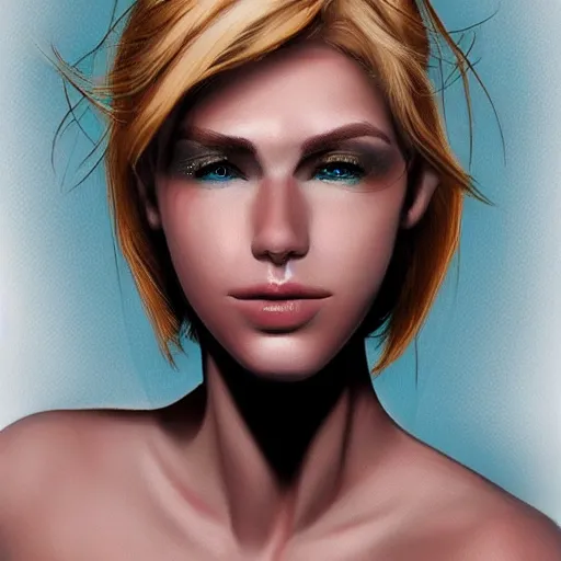 Image similar to hyper realistic portrait of superhero with blonde two sides hair and thin face lines