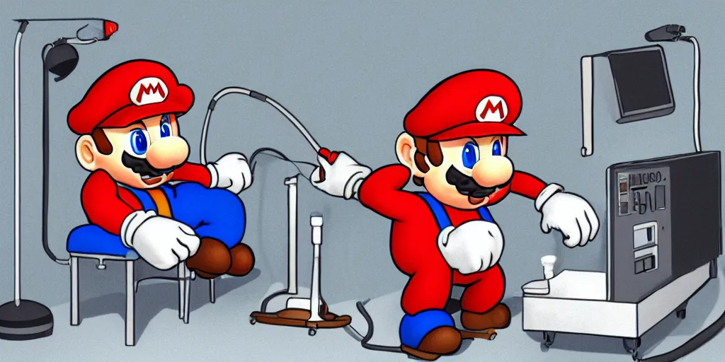 Image similar to anthropomorphic mario as an anesthesiologist, sitting in chair, ventilator machine, photo