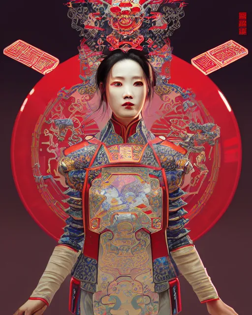 Image similar to portrait of a chinese cyberpunk machine, machine face, robed, upper half portrait, decorated with chinese opera motifs regal asian machine robot cyberpunk fine china, wuxia, traditional chinese art intricate intense elegant highly detailed digital painting artstation concept art smooth sharp focus illustration, art by artgerm and greg rutkowski alphonse mucha 8 k