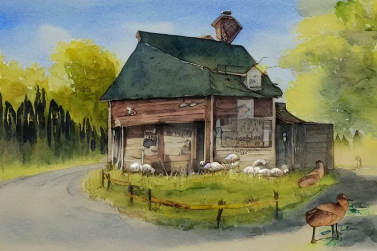 Image similar to country road store goose watercolor trending on artstation