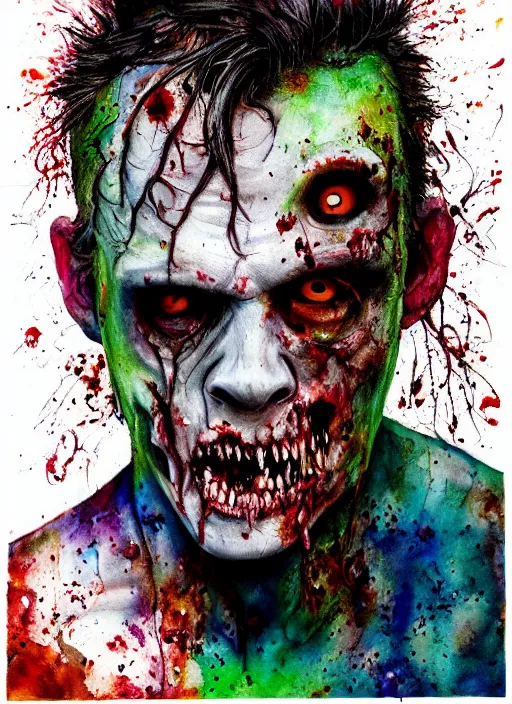 Prompt: zombie hollywood professional acting headshot, hyperrealism, david dennis, snl intermission photo, intricate detailed, studio lighting, charming expression gesicht, hauntingly beautiful zombie, watercolor art, epic, legendary, drawn and painted, colored layers, dulled contrast, exquisite fine art, splatterpaint