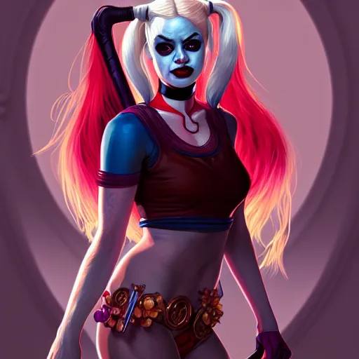Prompt: Character Portrait of Harley Quinn, face, fantasy, intricate, elegant, highly detailed, digital painting, artstation, concept art, smooth, sharp focus, illustration, art by Cynthia Shephard and Fernanda Suarez and Artem Demura and alphonse mucha
