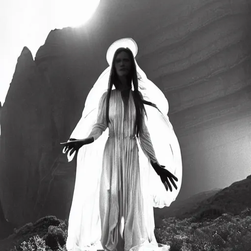 Image similar to 1 9 7 0's artistic spaghetti western movie, a woman in a giant billowy wide flowing waving dress made out of white smoke, standing inside a dark western beautiful rocky scenic landscape, volumetric lighting, backlit, moody, mercurial, atmospheric