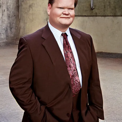 Prompt: Andy Richter is wearing a chocolate brown suit and necktie. Andy is lying flat on a concrete ground looking at camera. Ariel view.