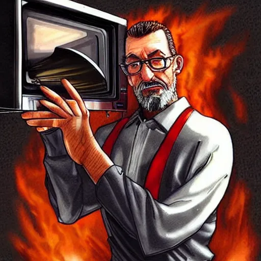 Image similar to Gordon Freeman destroys the microwave, photorealistic