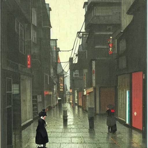 Image similar to a typical japanese city street in the rain, vermeer painting, dark academia aesthetic, matte painting