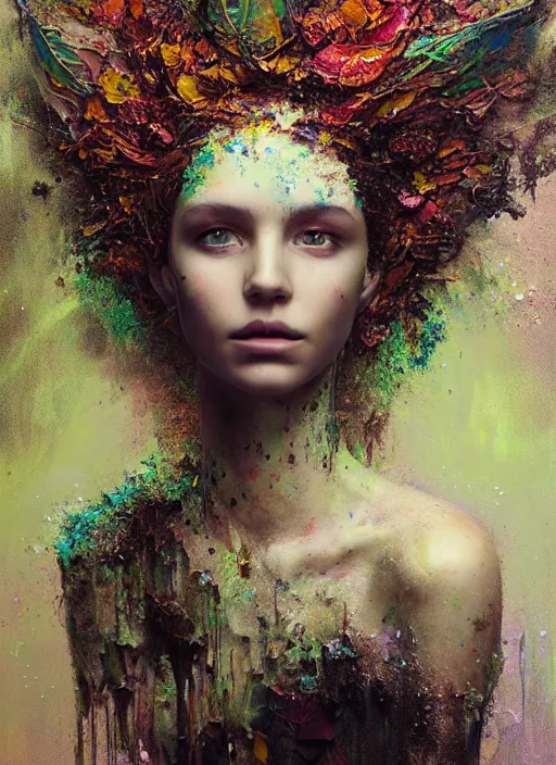 Prompt: a portrait of beautiful girl by irakli nadar with intricate detailed color smashing fluid oil paint and acrylic, moss and leaves headdress, desaturated, melting wax, mycelia, abstract impressionism, ruan jia, dark fantasy, hyper detailed, concept art, by gustav klimt, by sue bryce, moody lighting, black background