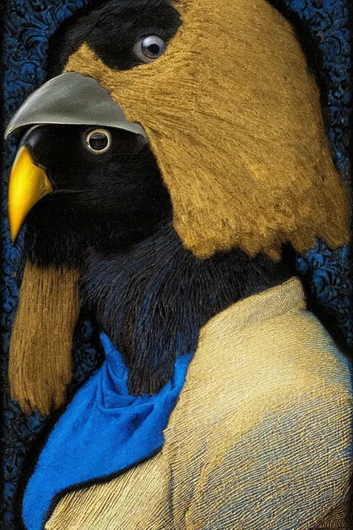 Image similar to portrait in profile of an anthropomorphic black crow wearing a blue velvet waistcoat, by Donato Giancola and John Bauer and Vermeer, gold embroidery, iridescent beetles, rich color, featured on Artstation, cgisociety, unreal engine, extremely detailed