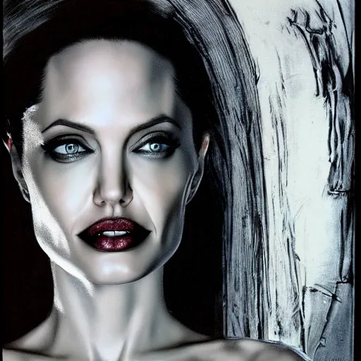 Prompt: angelina jolie walking into the camera by H.R. Giger and Bedsinski