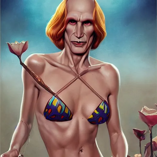 Image similar to lofi portait of the dark lord voldemort as a female in bikini, Pixar style, by Tristan Eaton Stanley Artgerm and Tom Bagshaw.