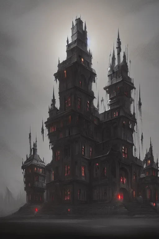 Image similar to concept art of a haunted palace, imposing view, cinematic, horror, photorealistic, vintage, artstation, painterly, expressive