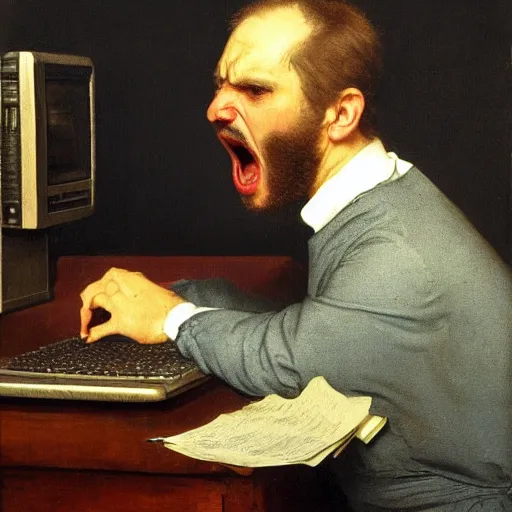 Image similar to an angry man yells at his computer monitor, oil on canvas, 1 8 8 3, highly detailed, high resolution