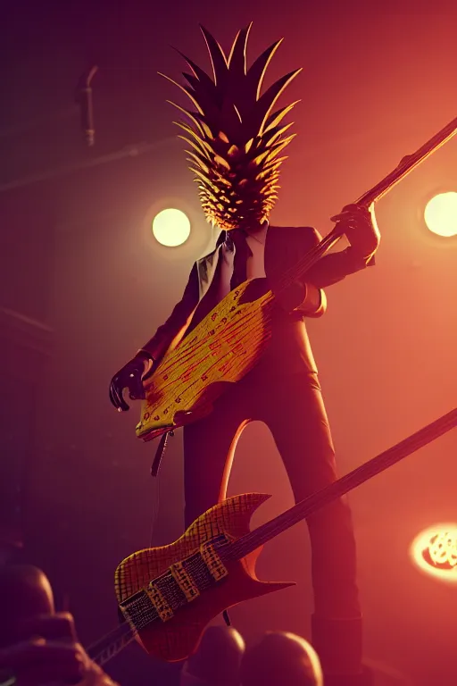 Prompt: a steampunk pineapple, playing electric guitar at a night club, focus on the musicians, cinematic lighting, exaggerated detailed, unreal engine, octane render, trending on artstation, art by greg rutkowski, 4 k