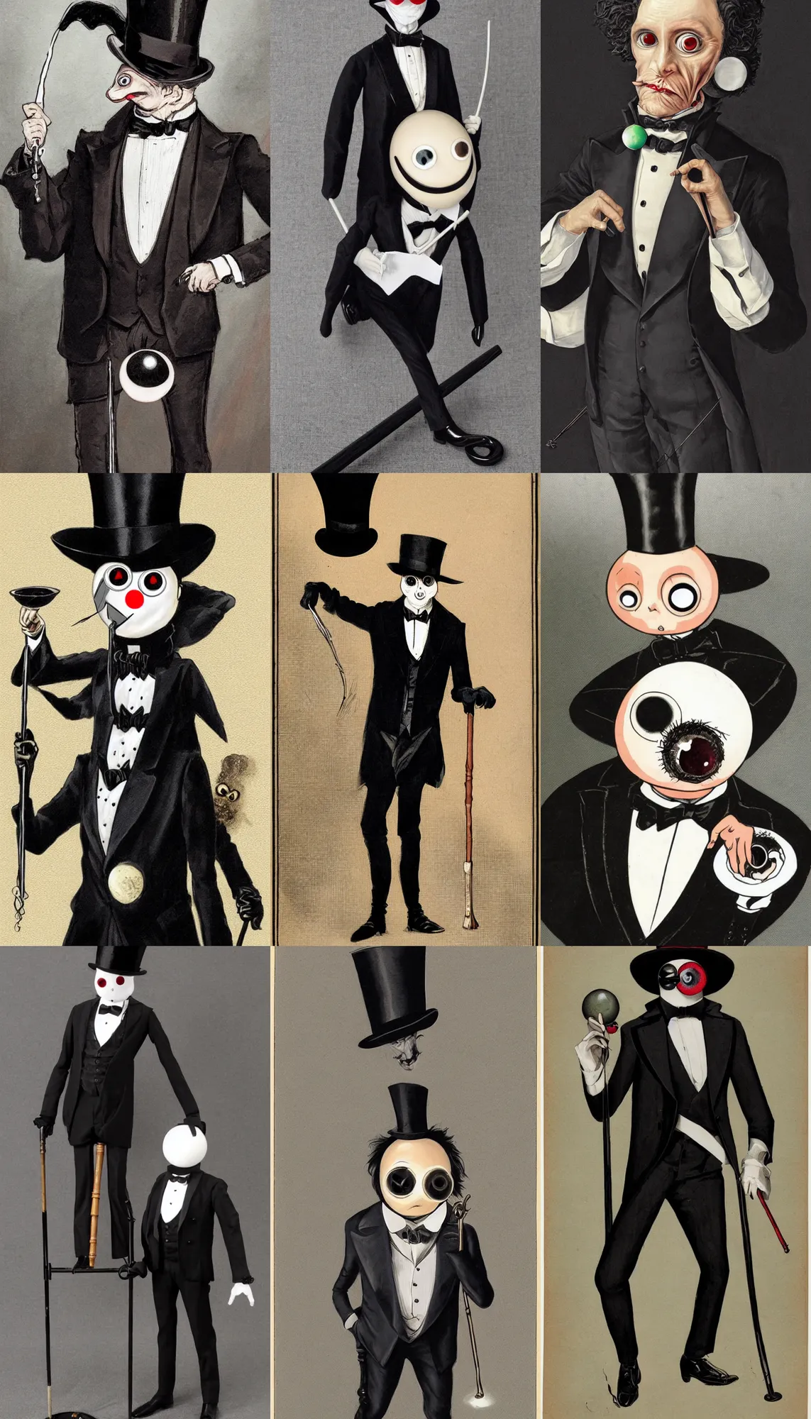 Prompt: eyeball headed gentleman, impeccably dressed in elegant black tailcoat tuxedo and top hat with theatrical walking cane, large round spherical eyeball with veiny bloodshot orb