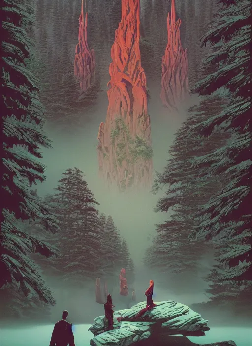 Prompt: Twin Peaks poster artwork by Michael Whelan and Tomer Hanuka, Rendering of ritual of the rites of astarte in scene from Twin Peaks, full of details, by Makoto Shinkai and thomas kinkade, Matte painting, trending on artstation and unreal engine