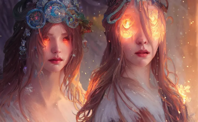 Image similar to beautiful ancient frost witch, fire in eye, snow glow, pool party, highly detailed, digital painting, artstation, sharp focus, illustration, art by tan zi and ayanamikodon and alphonse mucha and wlop