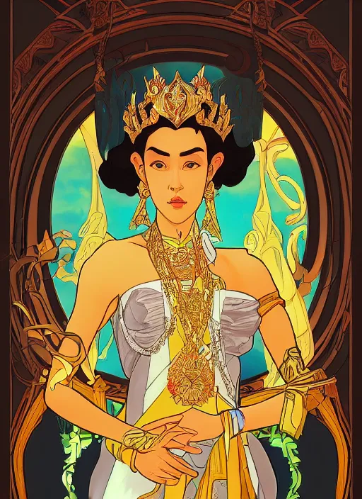 Prompt: well - lit art nouveau portrait of queen sirikrit of thailand, natural lighting, path traced, highly detailed, high quality, photorealistic, cartoon, digital painting, by don bluth and ross tran and studio ghibli and alphonse mucha