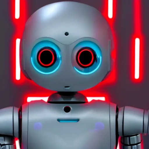 Prompt: A robot with glowing red eyes saying, “beep boop”